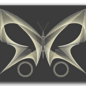 Puede incluir: Un diseño de mariposa de arte de hilo blanco sobre un fondo negro. La mariposa está hecha de muchas líneas pequeñas que crean un patrón delicado e intrincado.