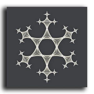 May include: A white snowflake-like geometric pattern on a dark gray background. The pattern is intricate and symmetrical, with many small triangles and lines.
