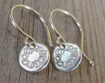 Tiny Silver Disc Earrings, Petite Sterling Earrings, Silver Dangles, Classic Silver Earrings, Hammered Earrings