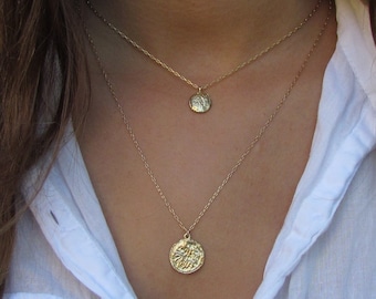 Two Layered Gold Seed Necklace, Gold Coin Necklace Set, Coin Pendant Necklace, Disc Layering Necklace, Layered Necklace Set, Nature Jewelry