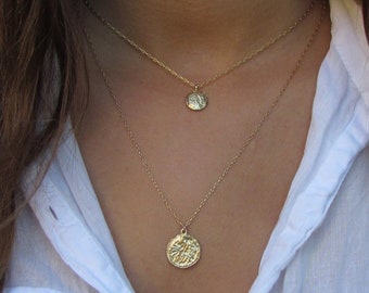 Two Layered Gold Seed Necklace, Gold Coin Necklace Set, Coin Pendant Necklace, Disc Layering Necklace, Layered Necklace Set, Nature Jewelry