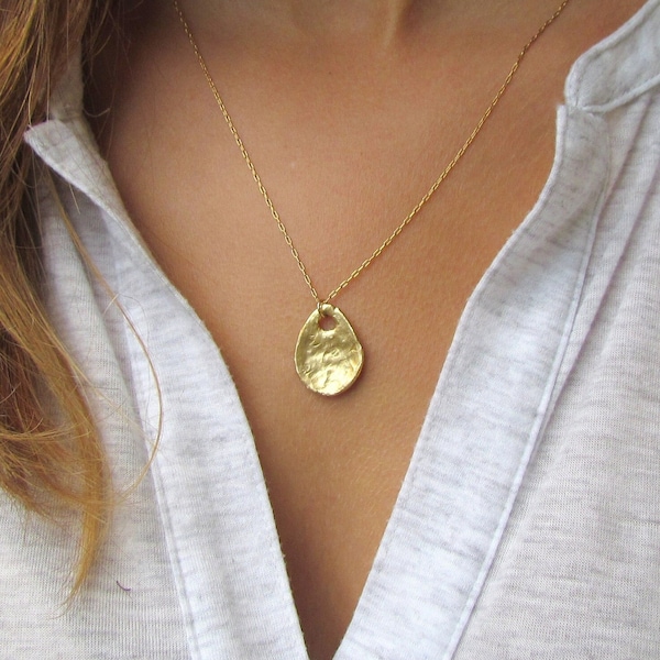 Unique Gold Pendant Necklace, Organic Shape Pendant Necklace, Hammered Handmade Medallion, Gold Statement Necklace, Long Gold Layer Necklace