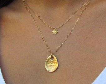 Two Layered Gold Necklaces, Organic Shape Pendant Necklace With A Tiny Disc Necklace, Hammered Handmade Medallion, Gold Statement Necklaces