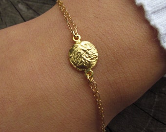 Gold Bracelet, Coin Bracelet, Gold Charm Bracelet, Nature Charm Bracelet, Seed Jewelry, Pendant Layered Bracelet, Disc Bracelet