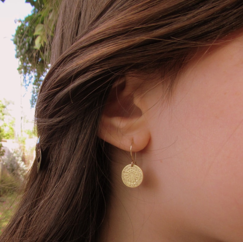 Gold Disc Earrings, Gold Earrings, Gold Earring, Circle Earrings, Simple Gold Dangle Earrings, Mandala Earring, Empowering Gift image 5
