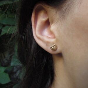 May include: A pair of gold knot-shaped earrings. The earrings are small and delicate, and they are worn in the lobes of the ears.