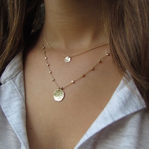 Tiny Gold Disc Necklace, Dainty Gold Necklace, Hammered Gold Disc Necklace, Delicate Gold Necklace, Simple Everyday Jewelry, Dainty Pendant image 2