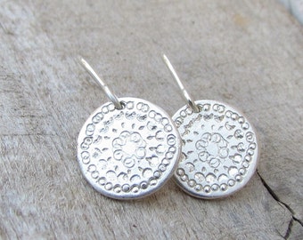 Silver Disc Earrings, Sterling Silver Earring, Simple Silver Dangle Earrings, Small Silver Earings, Silver Earrings Dangle, Mandala Earrings