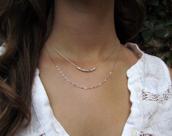 Two Layered Silver Necklaces, Simple Silver Necklaces, Silver Sparkle Necklaces