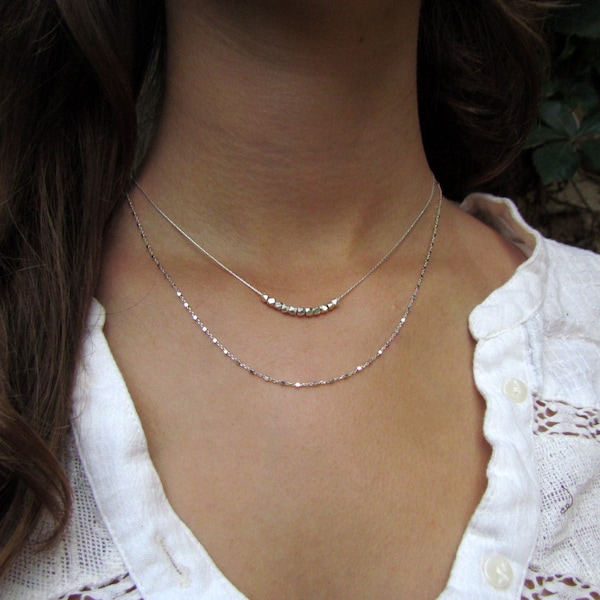 Two Layered Silver Necklaces, Simple Silver Necklaces, Silver Sparkle Necklaces
