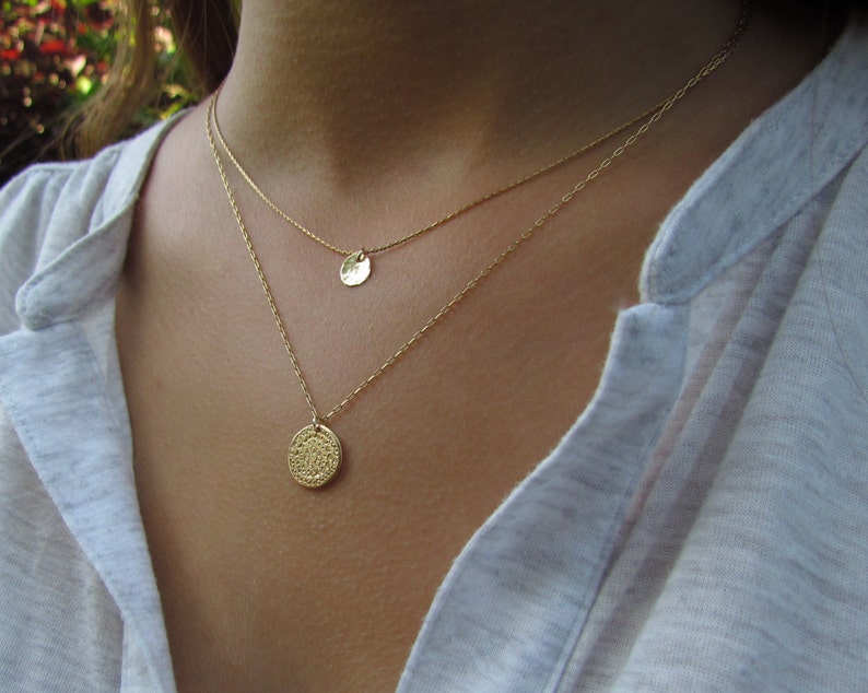 Tiny Gold Disc Necklace, Dainty Gold Necklace, Hammered Gold Disc Necklace, Delicate Gold Necklace, Simple Everyday Jewelry, Dainty Pendant image 3