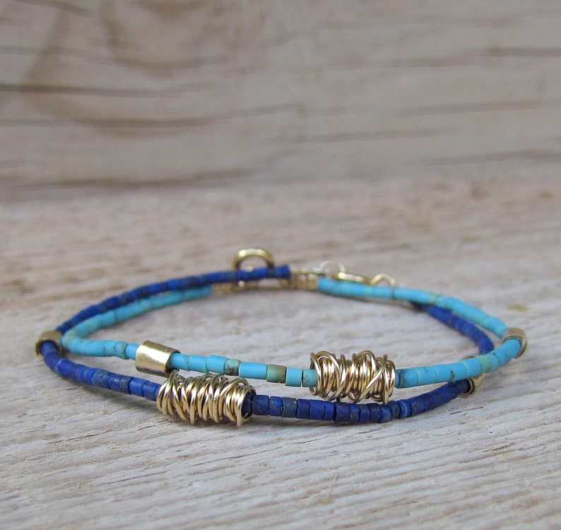 Dainty Gold Beaded Bracelet , Bohemian Minimalist Jewelry , Lapis Bracelet image 3