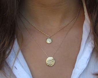 Two Layered Gold Seed Necklaces, Nature Inspired Necklace, Layered Medallion Necklace, Layered Coin Necklace Set, long gold coin necklace