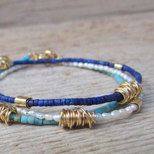 Dainty Gold Beaded Bracelet , Bohemian Minimalist Jewelry , Lapis Bracelet image 5