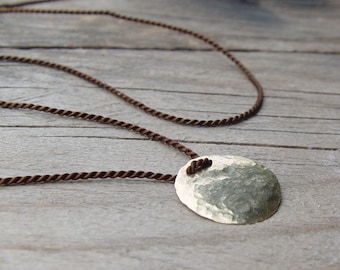 Dark Brown Pure Silk Necklace and an Organic Disc Pendant,  Hammered Gold Disc Necklace, Delicate Gold Necklace, Dainty Gold Necklace