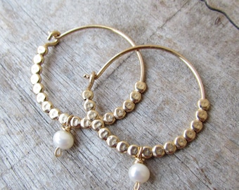 Gold Hoops, Pearls Hoops, Birthstone Earrings, Personalized Birthstone Jewelry, Gold Hoops, Pearls Earrings, Thin Gold Hoop Earr