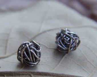 Small Sterling Silver Studs, Handmade Siver Stud Earrings, Wire Ball Post Earrings, Silver Studs Earrings, Black Stud Earrings