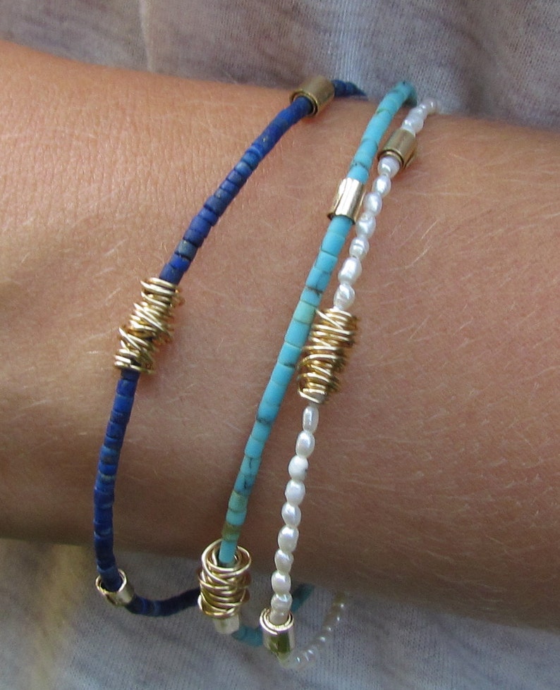 Dainty Gold Beaded Bracelet , Bohemian Minimalist Jewelry , Lapis Bracelet image 1