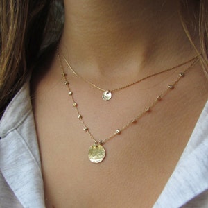 Gold Disc Necklace, Hammered Gold Disc Necklace, Delicate Gold Necklace