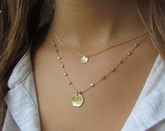 Gold Disc Necklace, Hammered Gold Disc Necklace, Delicate Gold Necklace