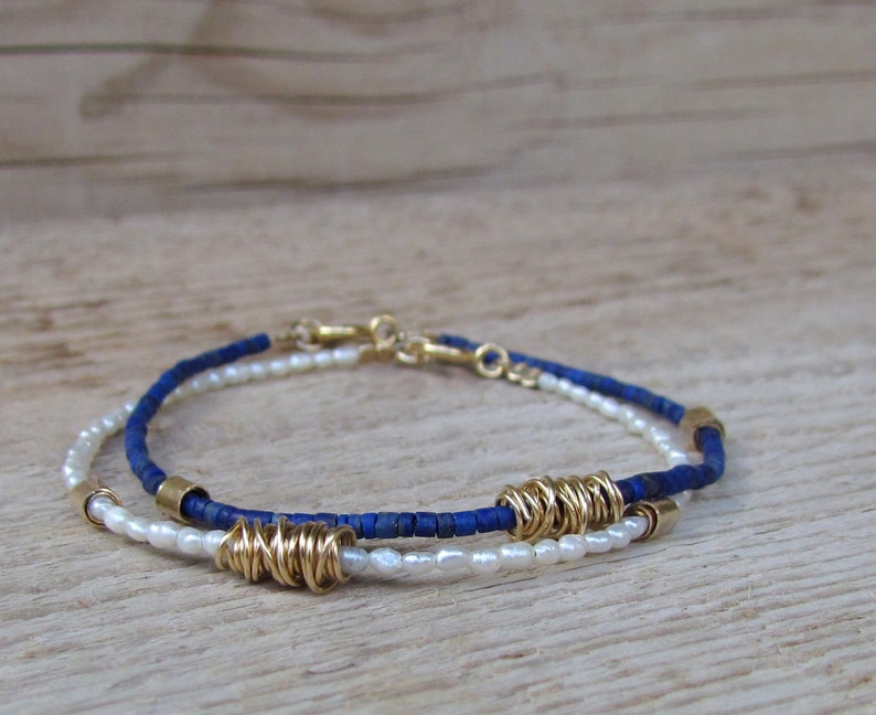 Dainty Gold Beaded Bracelet , Bohemian Minimalist Jewelry , Lapis Bracelet image 4