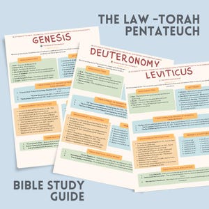 Puede incluir: Una guía de estudio bíblico con páginas y texto coloridos. La guía está dividida en secciones para cada libro de la Torá, incluyendo Génesis, Deuteronomio, Levítico y Números. Cada sección incluye información sobre los personajes principales, los temas clave, el desglose de la estructura y las aplicaciones prácticas.