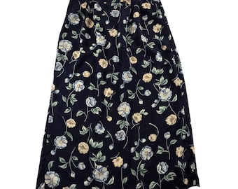 Floral Midi Skirt Elastic Waist Navy Blue Vintage 34 Large Cottagecore Spring