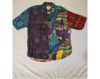 Vintage jaren 90 patchwork overhemd met knoopsluiting abstract rayon XXL meerkleurige kunstprint