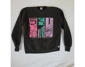 Vintage Ski Showdown Montana sweater met ronde hals jaren 90 XL zwart neon retro