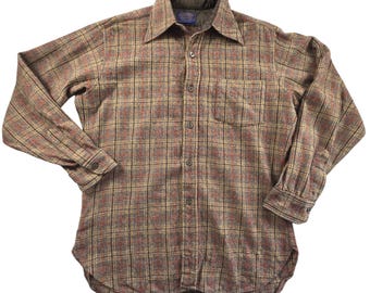 Pendleton Wool Shirt Vintage Plaid Quilt Lined M Brown Tan Workwear USA 70s 80s