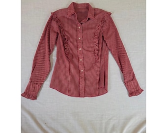 Vintage 70s Western Ruffle Gingham Snap Button Shirt Red White Medium Cowgirl