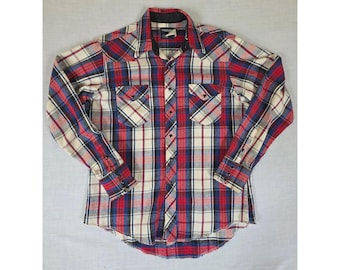 Vintage Wrangler zwaargewicht westernshirt geruit 16,5-35 rood blauwe cowboy
