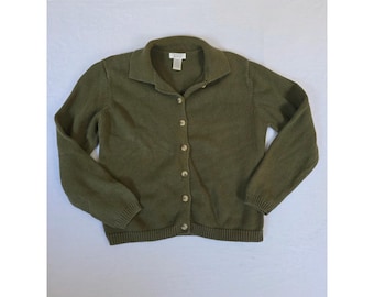 Vintage 90er Jahre Y2k Cardigan Pullover Knopfleiste mit Kragen Kleine Olivgrün Strick