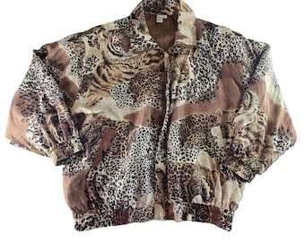 Vintage jaren 90 zijden bomberjack Vintage dierenprint tijgerluipaard groot