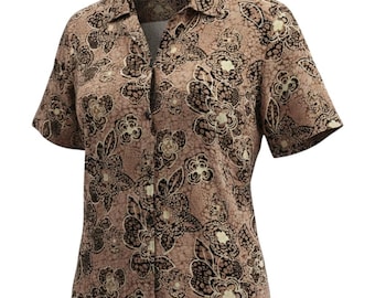 Units Button Down Shirt Floral Batik Print Short Sleeve Medium Tan Brown Vintage