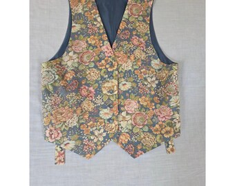 Vintage Floral Gobelin Weste Knopfleiste Cinch Back Blau Mittellange Weste 90er Jahre