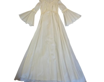 Vintage 70s Swiss Dot Lace Maxi Dress Bell Sleeve Bridal Gown Cream Boho