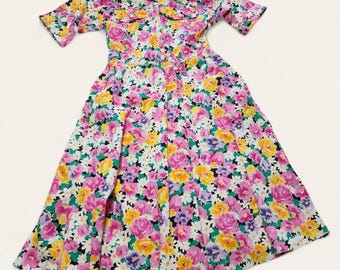Floral Shirt Dress Vintage 80s Fit Flare Size 6 Pink Yellow Kentucky Derby