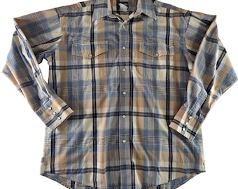 Wrangler Mens XL Blue Tan Plaid Pearl Snap Western Shirt Long Sleeve 90s Y2K