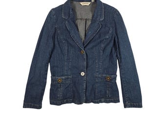 Denim Blazer Jean Jacket Stretch Two Button Medium Casual Chic Dark Wash Y2K