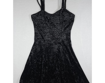 90s Crushed Velvet Mini Skater Dress Vintage Medium Black Grunge Whimsigoth Fall