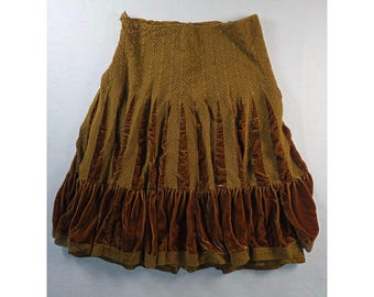 Free People Vintage Crochet Velvet Tiered Midi Skirt Boho 10 Mustard Bronze Y2K