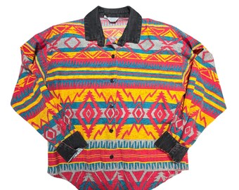 Gotcha Covered Vintage 90s Southwest Aztec Shirt Red Yellow Gray Medium