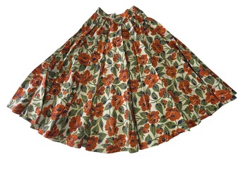 Vintage 60s Handmade Floral Full Skirt Green Rust Navy Folk XS