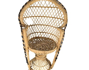 Vintage Miniature Peacock Chair Woven Rattan Boho Decor Black Trim 15.5 Inch