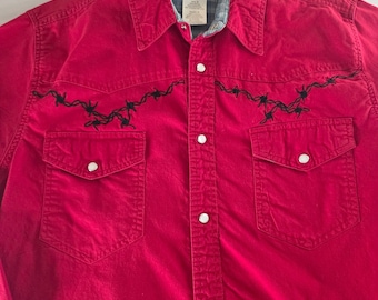 Express Rider Mens Red Barbed Wire Embroidered Western Pearl Snap Shirt Medium