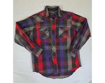 Vintage Wrangler Heavyweight Western Pearl Snap Plaid Shirt 17-36 Red Purple 90s