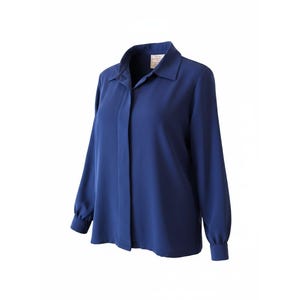 May include: A long-sleeved, navy blue blouse with a classic collar and buttoned cuffs. The blouse has a relaxed fit and a vertical panel detail down the front. The fabric appears to be a lightweight, flowing material.