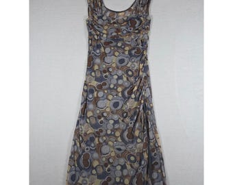 Y2K Abstract Ruched Mesh Midi Dress Geometric Circle Print Small Grey Retro