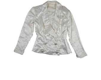 Chaqueta nupcial vintage Alfred Angelo, 4 botones adornados de satén color crema con peplum.